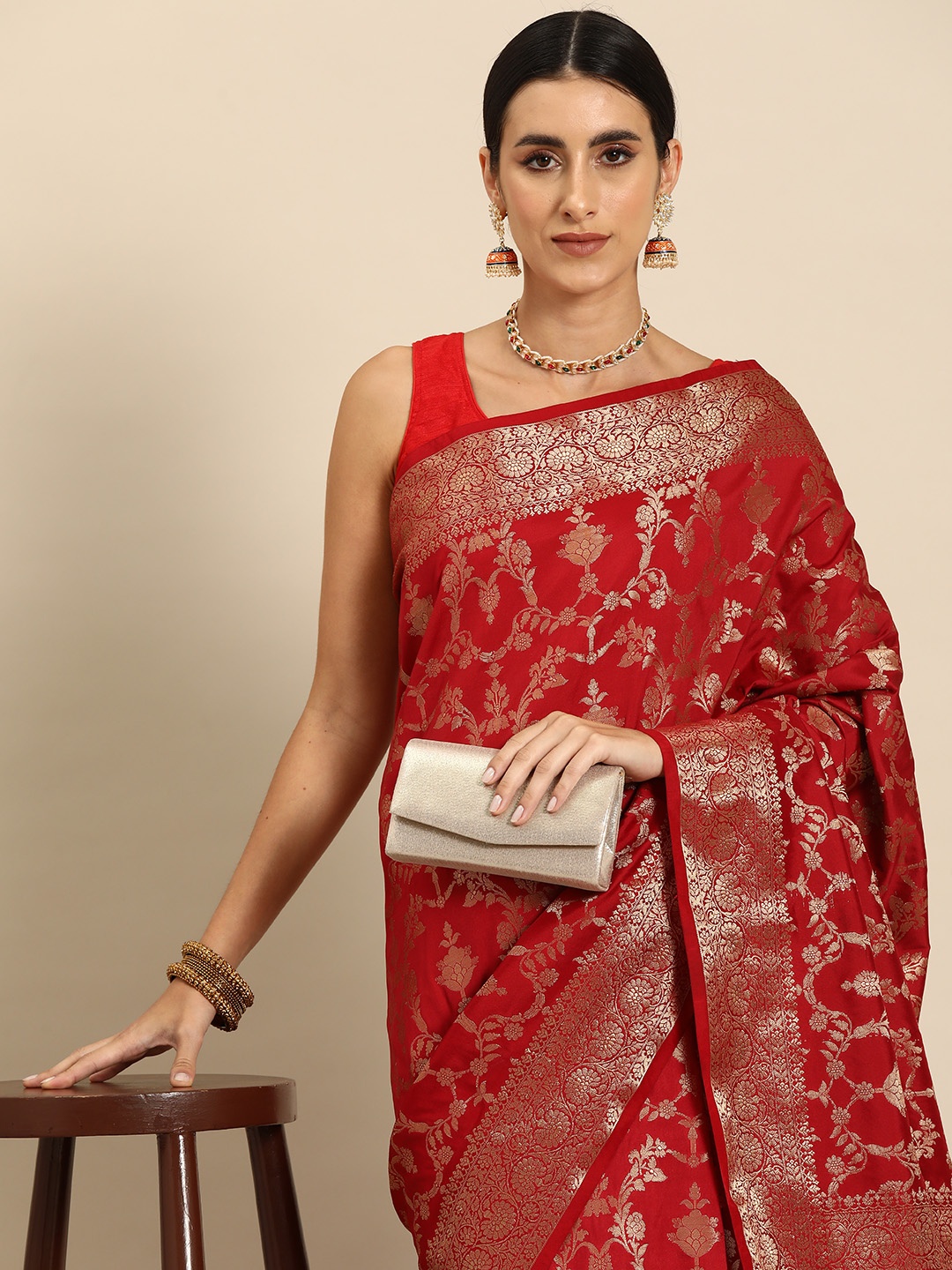 

Simaaya Floral Zari Art Silk Saree, Red