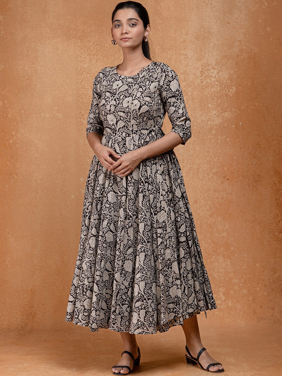 

OKHAI Ethnic Motifs Printed Mirror Work Pure Cotton Fit & Flare Ethnic Dress, Black