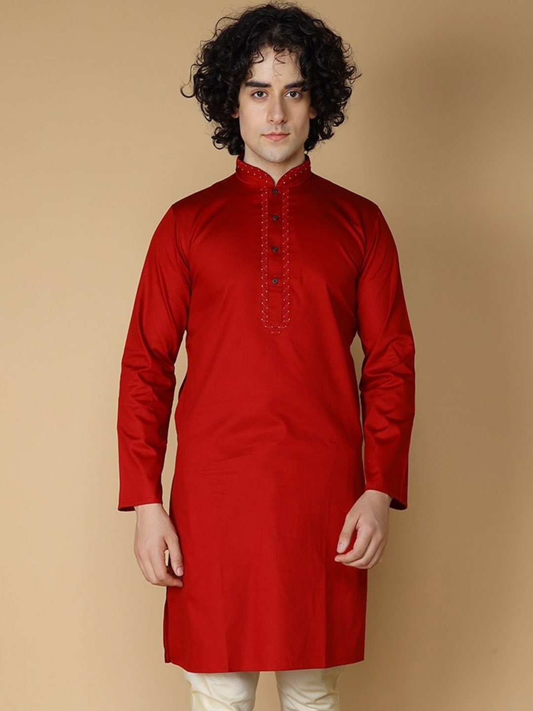 

Sultan The King Of Kurta Mandarin Collar Thread Work Kurtas, Red