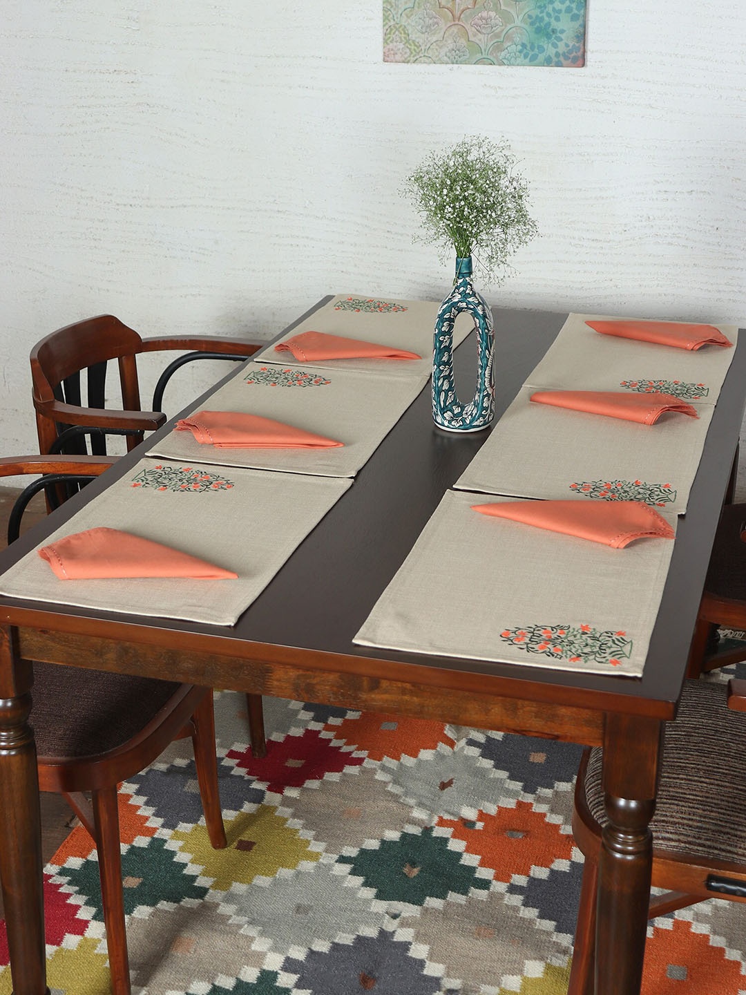 

ZEBA Beige & Peach Coloured 6 Pieces Embroidered Table Placemats & Napkins