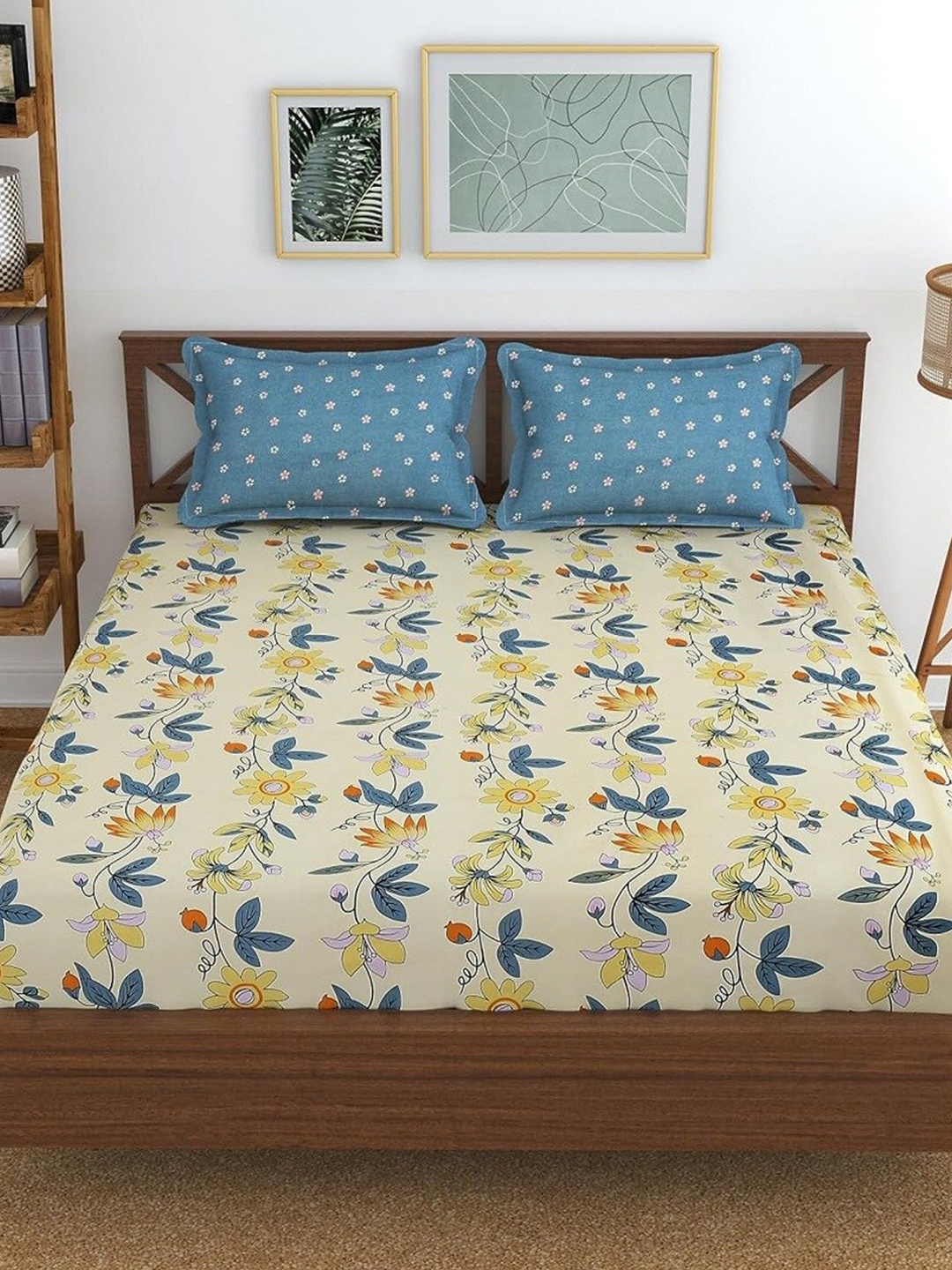 

RRC Olive Green & Blue Floral Printed 210 TC King Bedsheet with 2 Pillow Covers