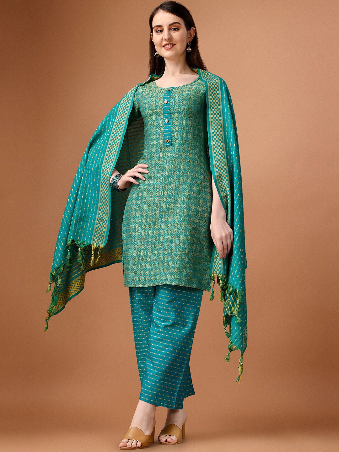 

BLACK SCISSOR Ethnic Motifs Printed Straight Kurta & Trousers With Dupatta, Green