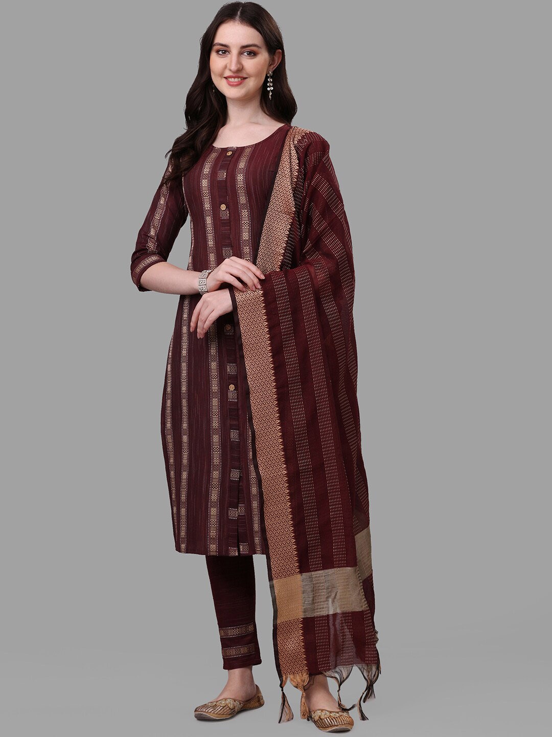 

BLACK SCISSOR Striped Woven Design Straight Kurta & Trousers With Dupatta, Maroon