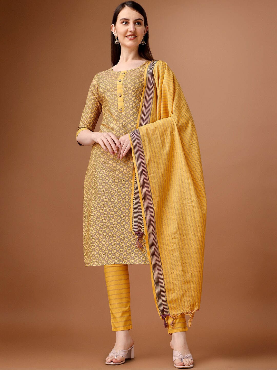 

BLACK SCISSOR Ethnic Motifs Printed Kurta with Trousers & Dupatta, Mustard