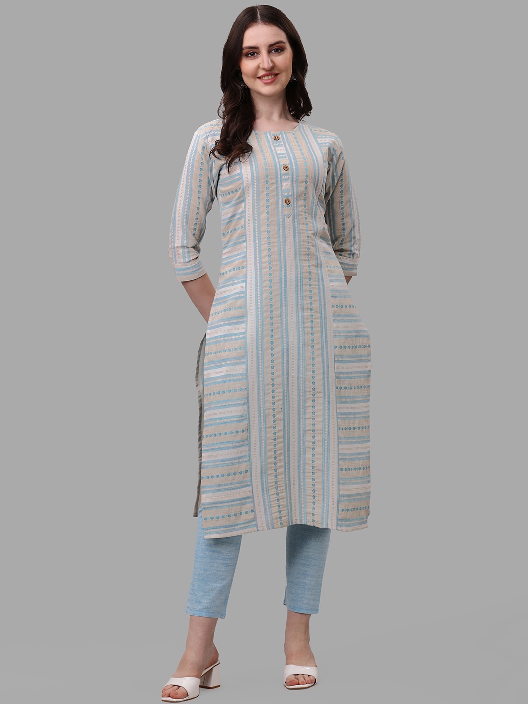 

BLACK SCISSOR Striped Panelled Kurta with Trousers, Blue