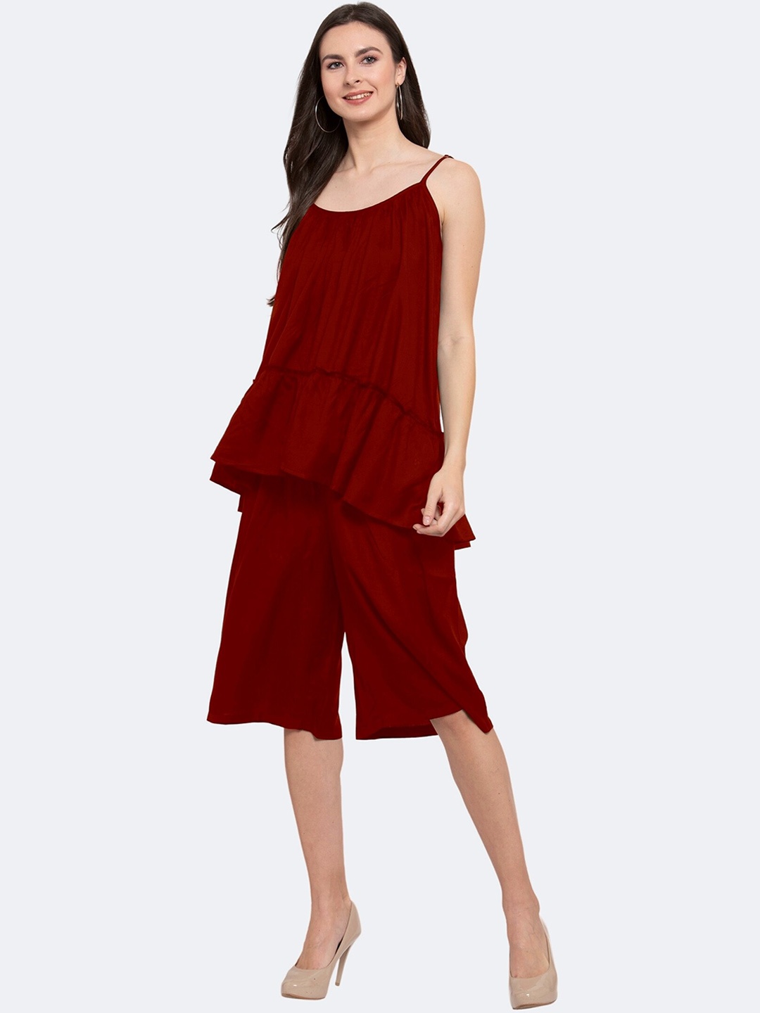 

PATRORNA Shoulder-Straps Top With Capris, Maroon