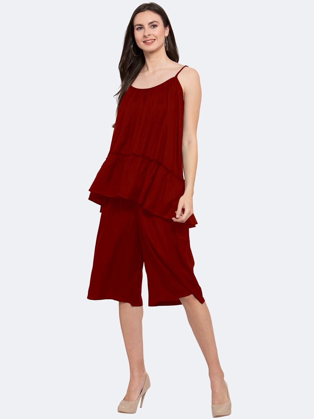 

PATRORNA Shoulder-Straps Top With Capris, Maroon
