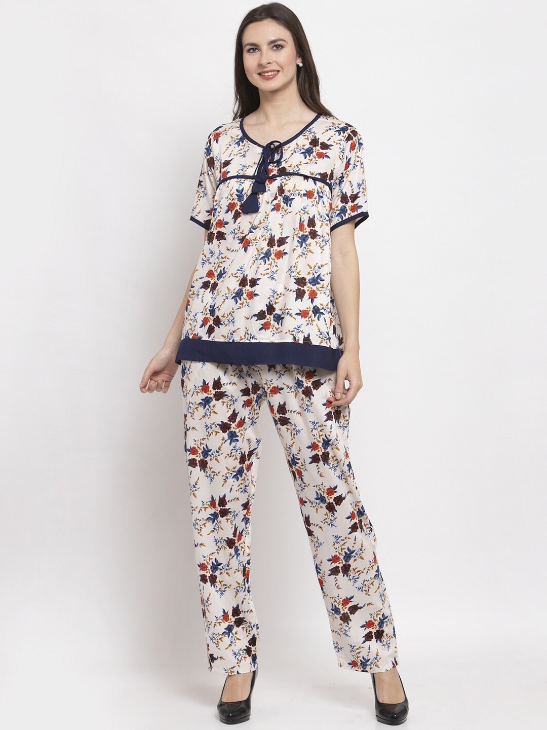 

PATRORNA Floral Printed Tie-Up Neck Top With Trousers, White