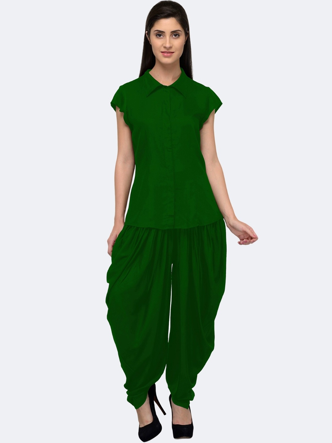

PATRORNA Shirt Collar Top With Dhoti Pant, Green