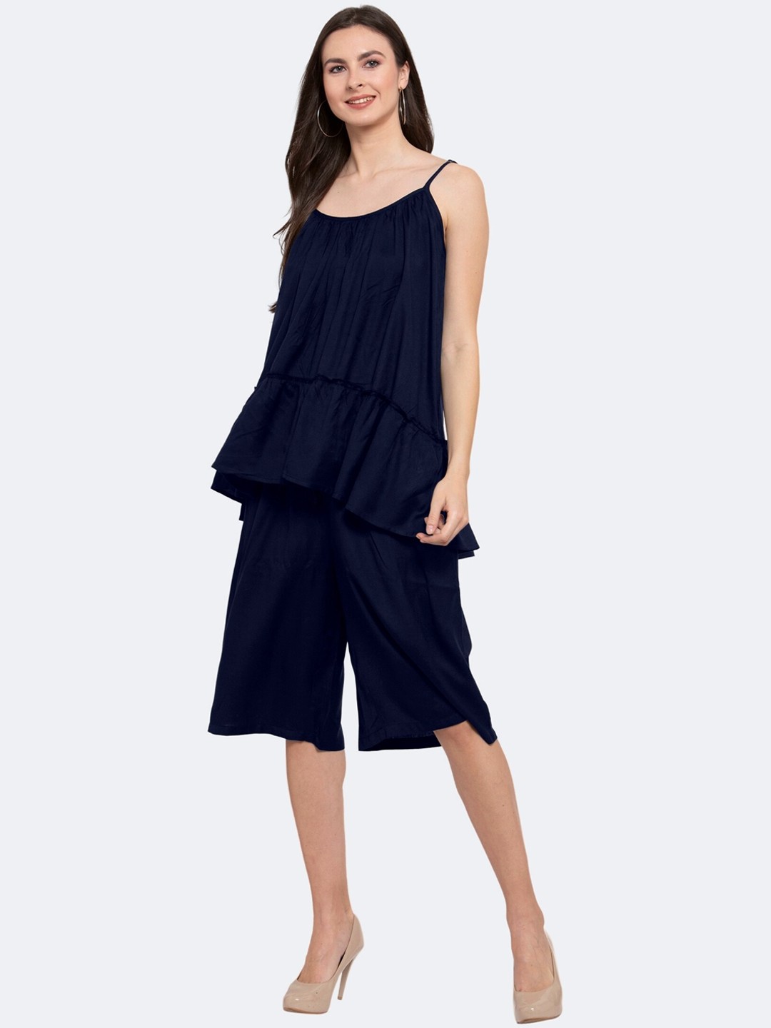 

PATRORNA Shoulder Strapped Top With Flared Cropped Capris, Navy blue