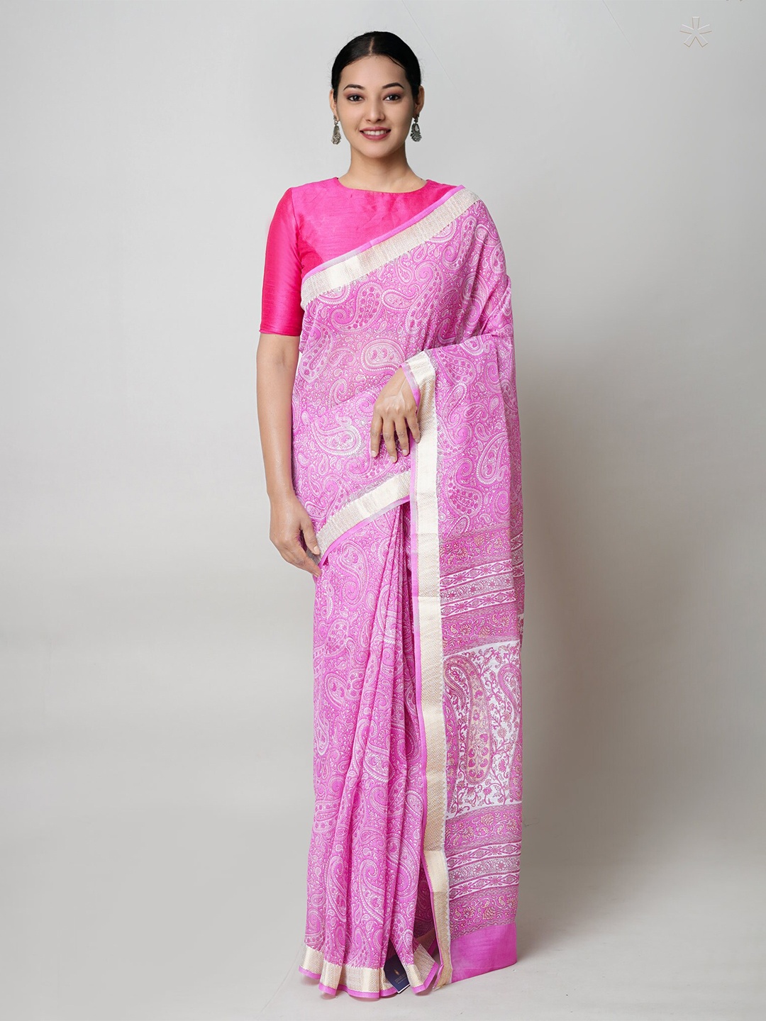 

Unnati Silks Paisley Printed Zari Silk Cotton Chanderi Saree, Pink