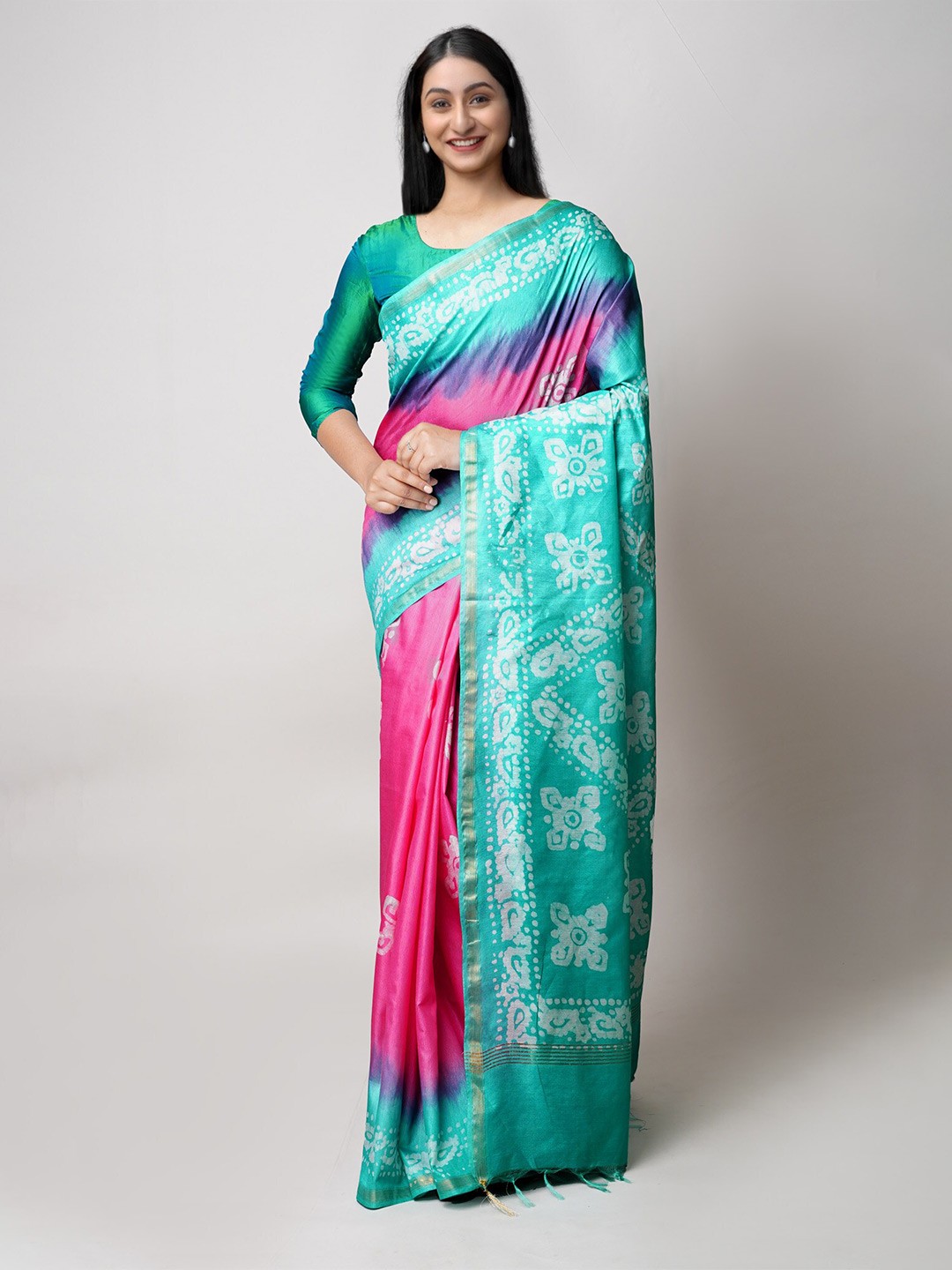 

Unnati Silks Batik Zari Silk Cotton Chanderi Saree, Pink