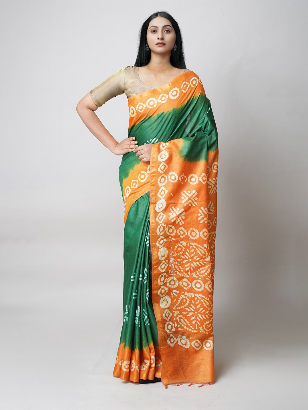 

Unnati Silks Batik Printed Zari Silk Cotton Chanderi Saree, Green