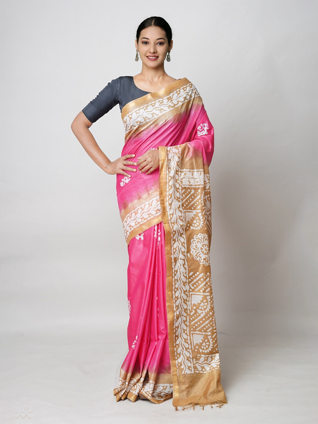 

Unnati Silks Batik Printed Zari Silk Cotton Chanderi Saree, Pink
