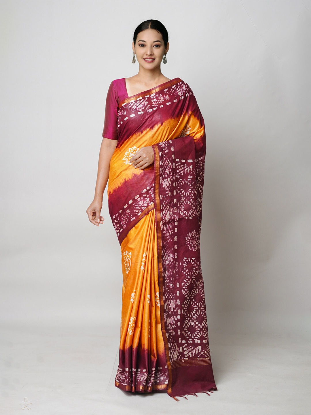 

Unnati Silks Batik Printed Zari Silk Cotton Chanderi Saree, Maroon