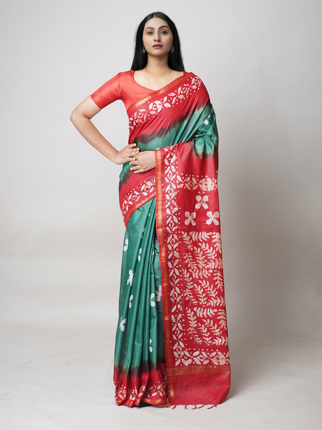 

Unnati Silks Batik Printed Zari Silk Cotton Chanderi Saree, Green