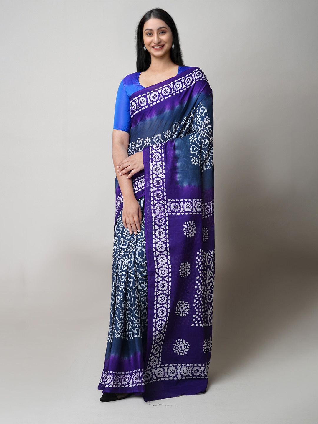 

Unnati Silks Batik Printed Zari Pure Cotton Kota Saree, Navy blue