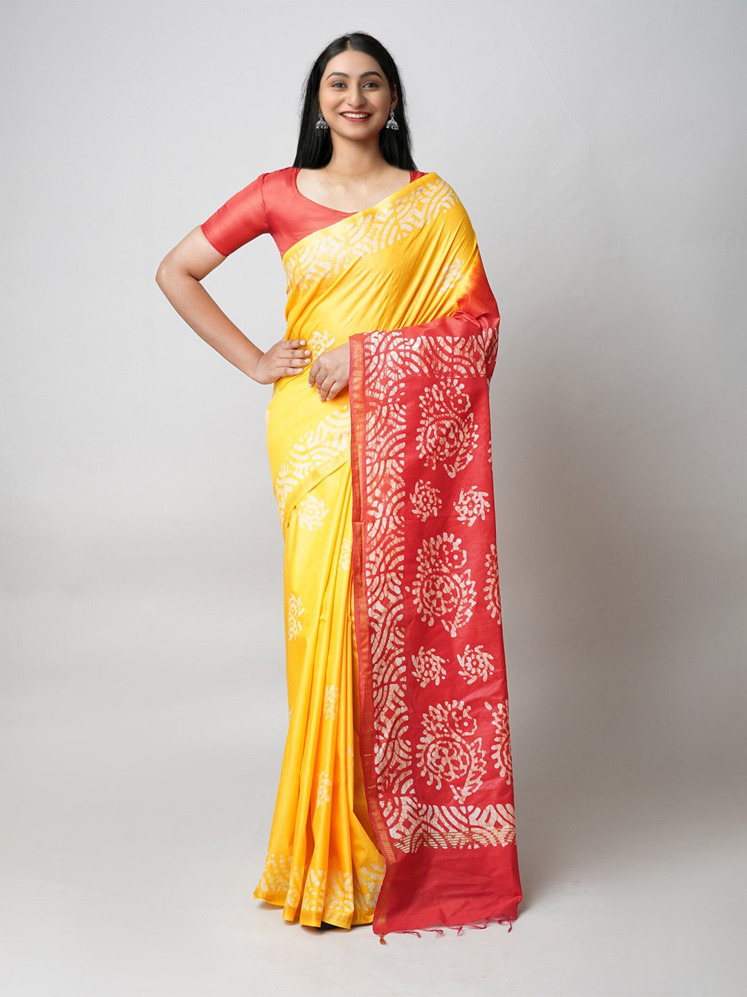 

Unnati Silks Batik Printed Zari Silk Cotton Chanderi Saree, Yellow