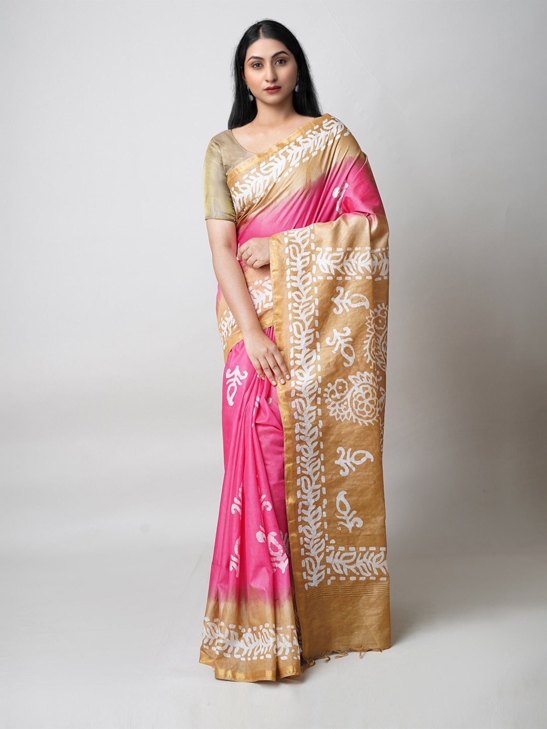 

Unnati Silks Batik Zari Silk Cotton Chanderi Saree, Pink
