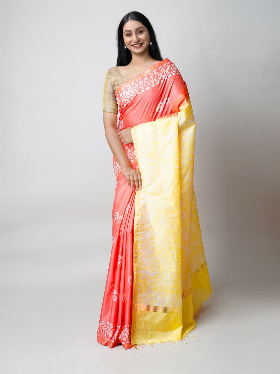 

Unnati Silks Batik Printed Zari Silk Cotton Chanderi Saree, Orange