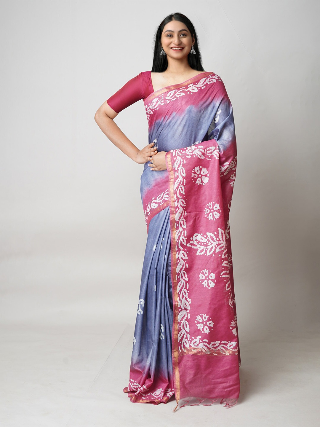 

Unnati Silks Batik Printed Silk Cotton Chanderi Saree, Grey