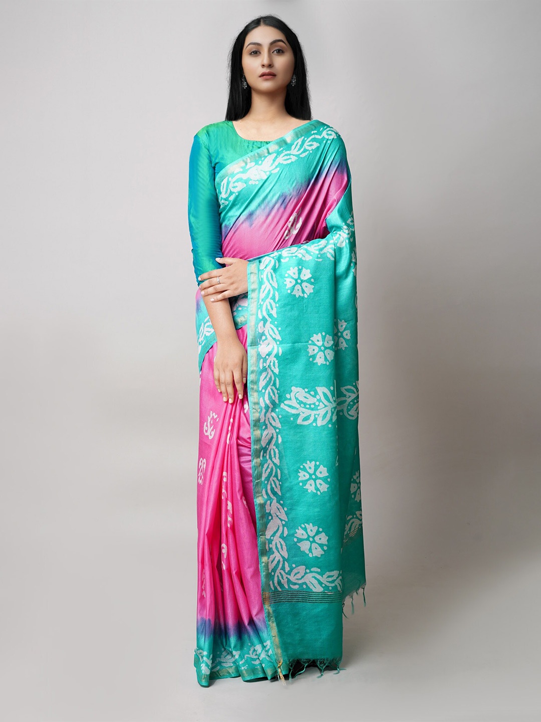 

Unnati Silks Batik Printed Zari Silk Cotton Chanderi Saree, Pink