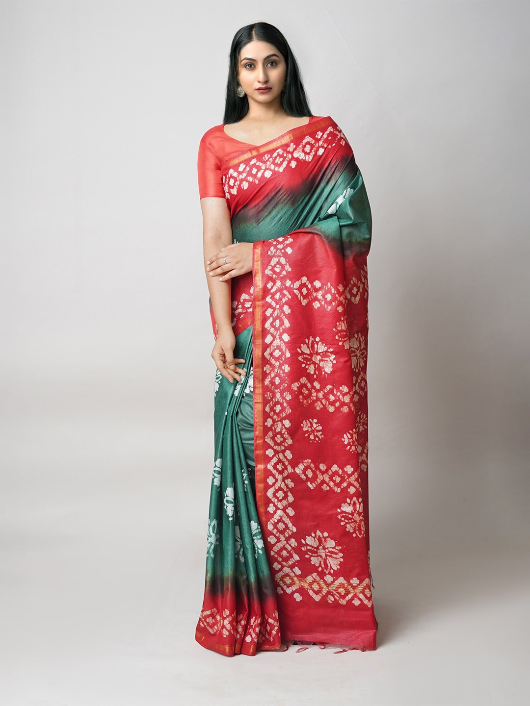 

Unnati Silks Batik Printed Silk Cotton Chanderi Saree, Green