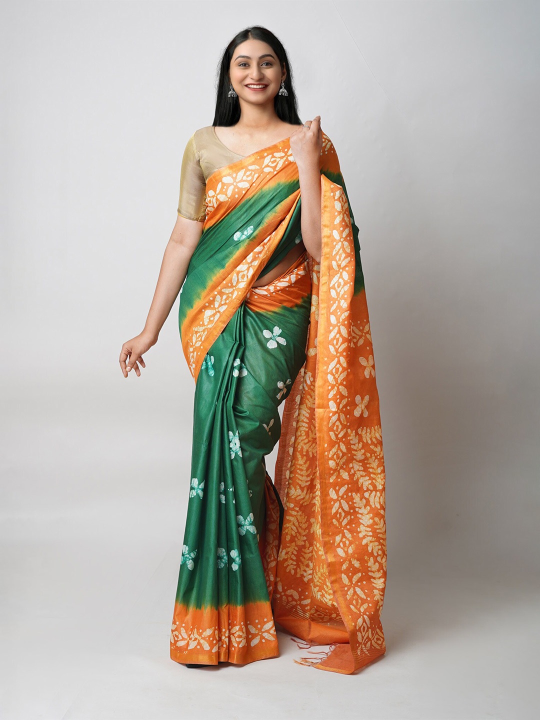 

Unnati Silks Batik Printed Silk Cotton Chanderi Saree, Green