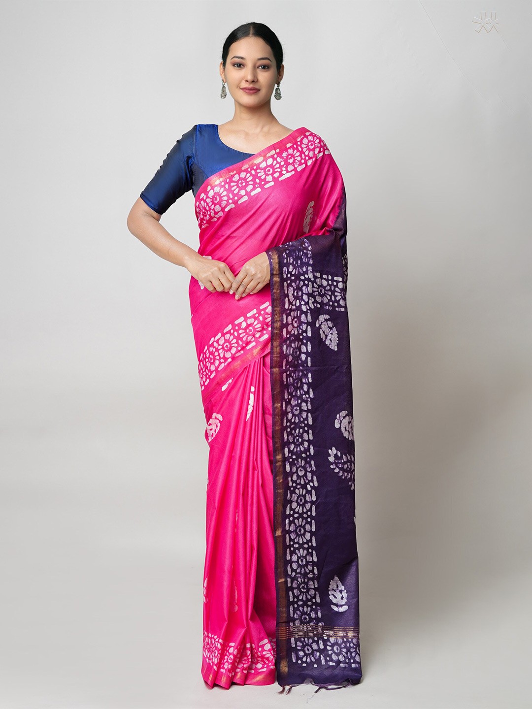 

Unnati Silks Batik Printed Zari Silk Cotton Chanderi Saree, Pink