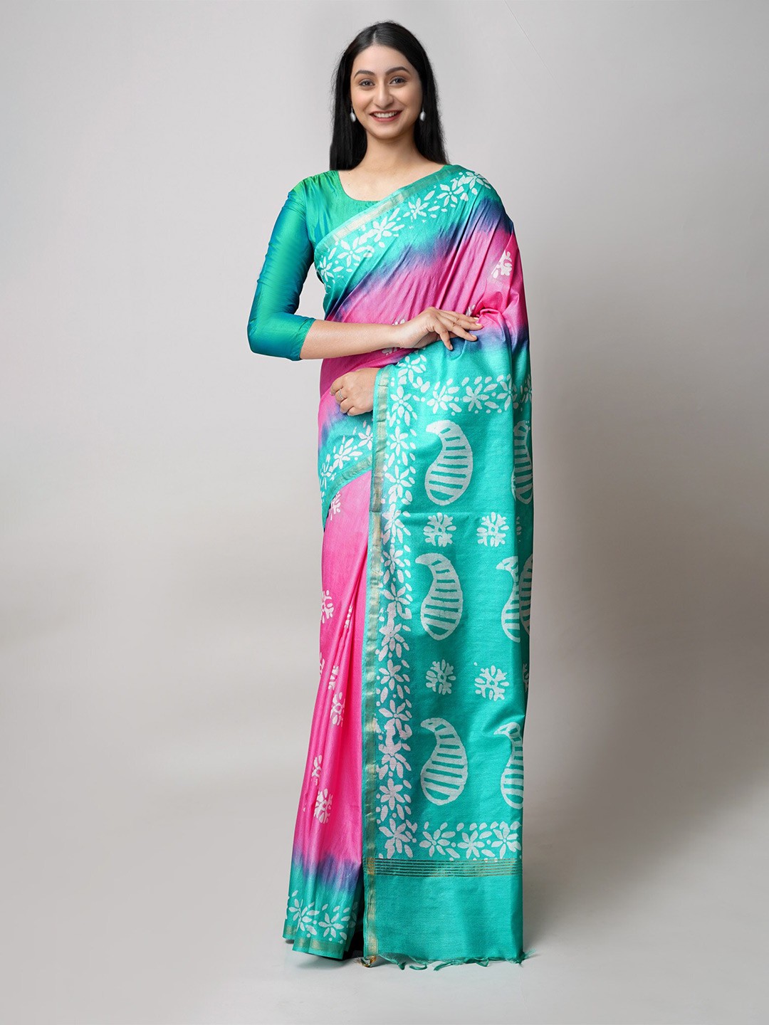 

Unnati Silks Batik Printed Zari Silk Cotton Chanderi Saree, Pink