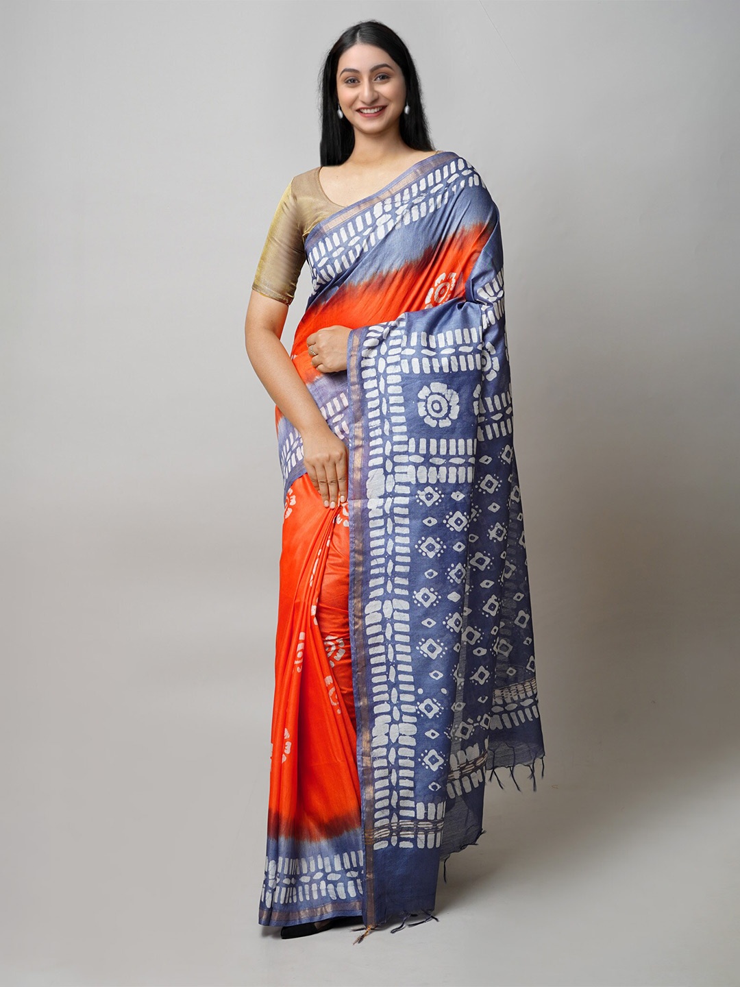 

Unnati Silks Batik Printed Zari Silk Cotton Chanderi Saree, Blue