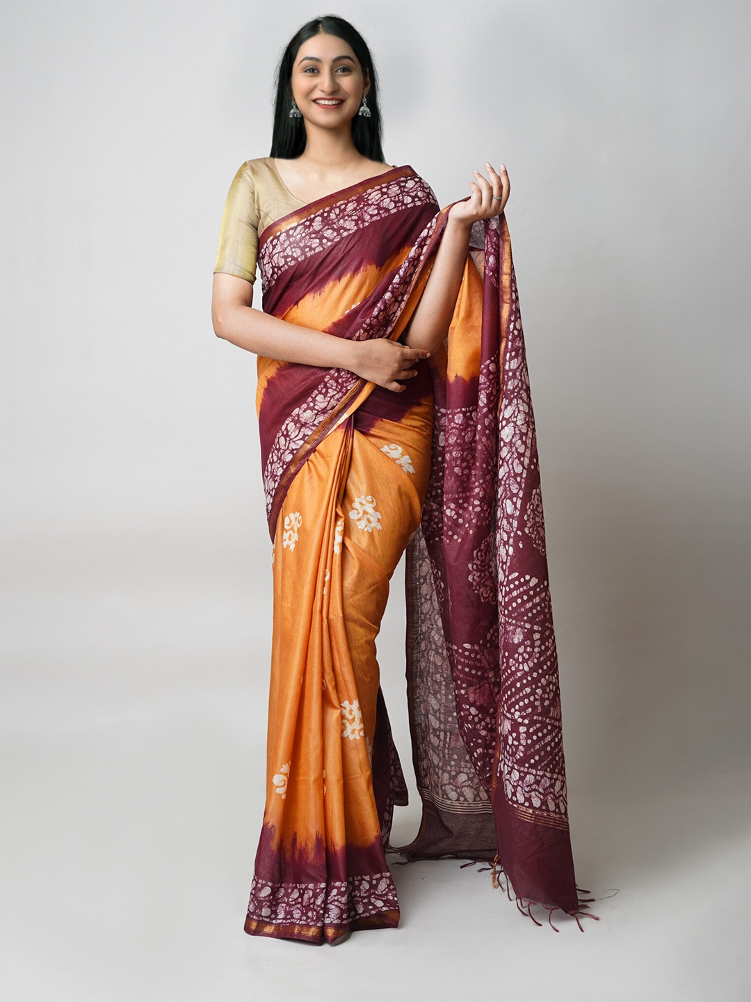 

Unnati Silks Batik Silk Cotton Chanderi Saree, Brown