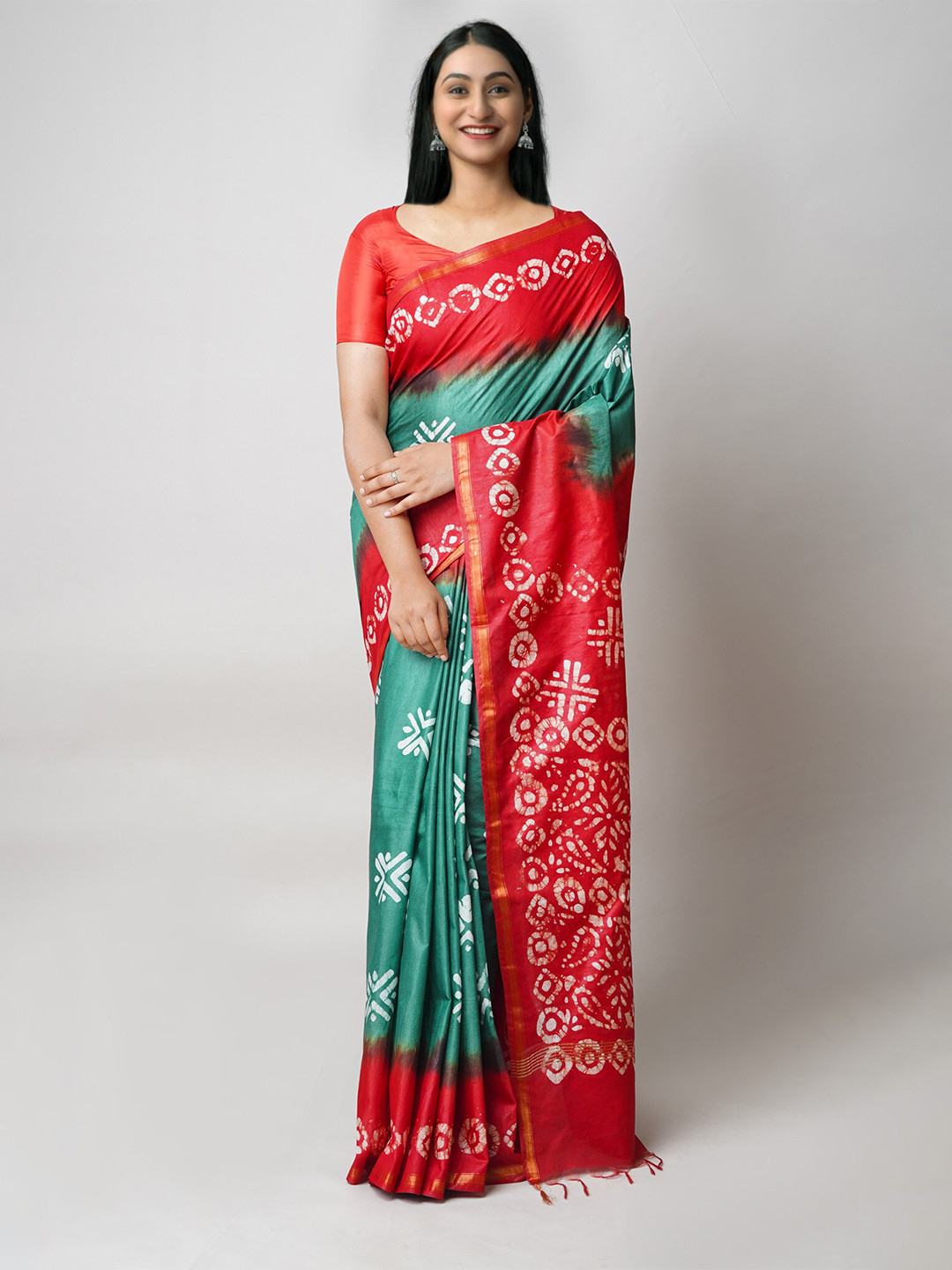 

Unnati Silks Batik Silk Cotton Chanderi Saree, Green