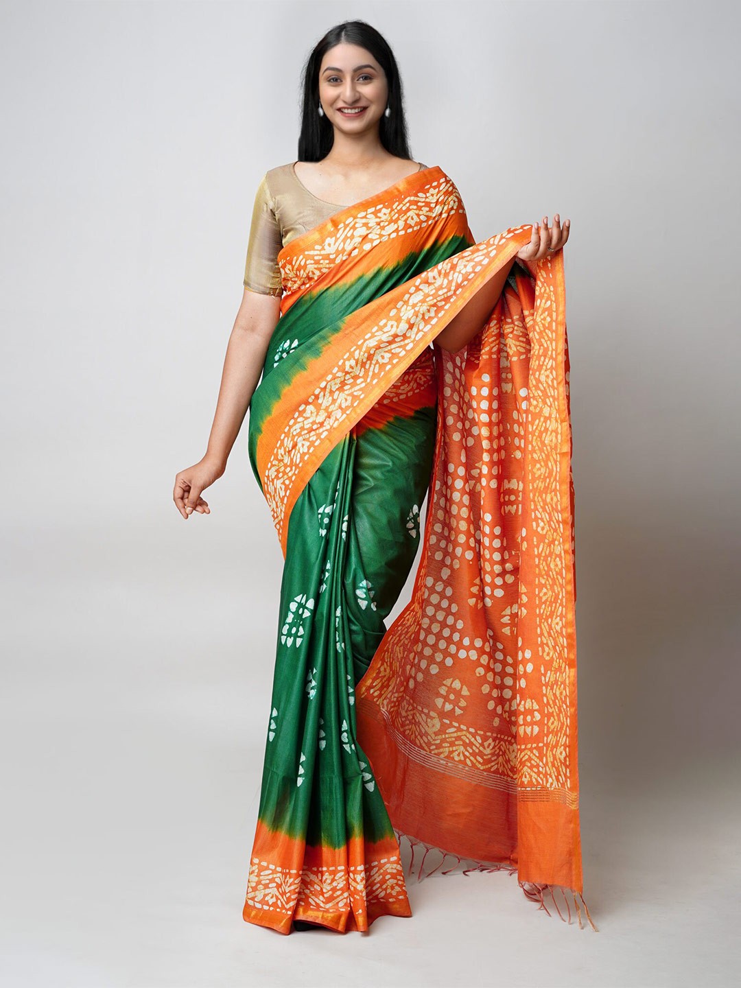

Unnati Silks Batik Printed Zari Silk Cotton Chanderi Saree, Green