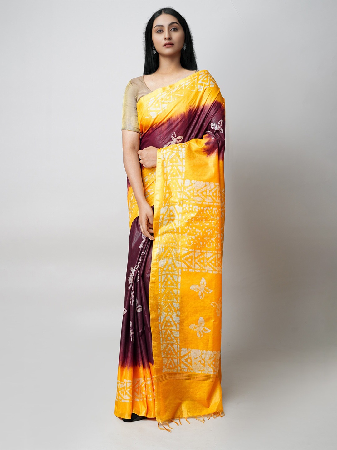 

Unnati Silks Batik Printed Zari Silk Cotton Chanderi Saree, Brown