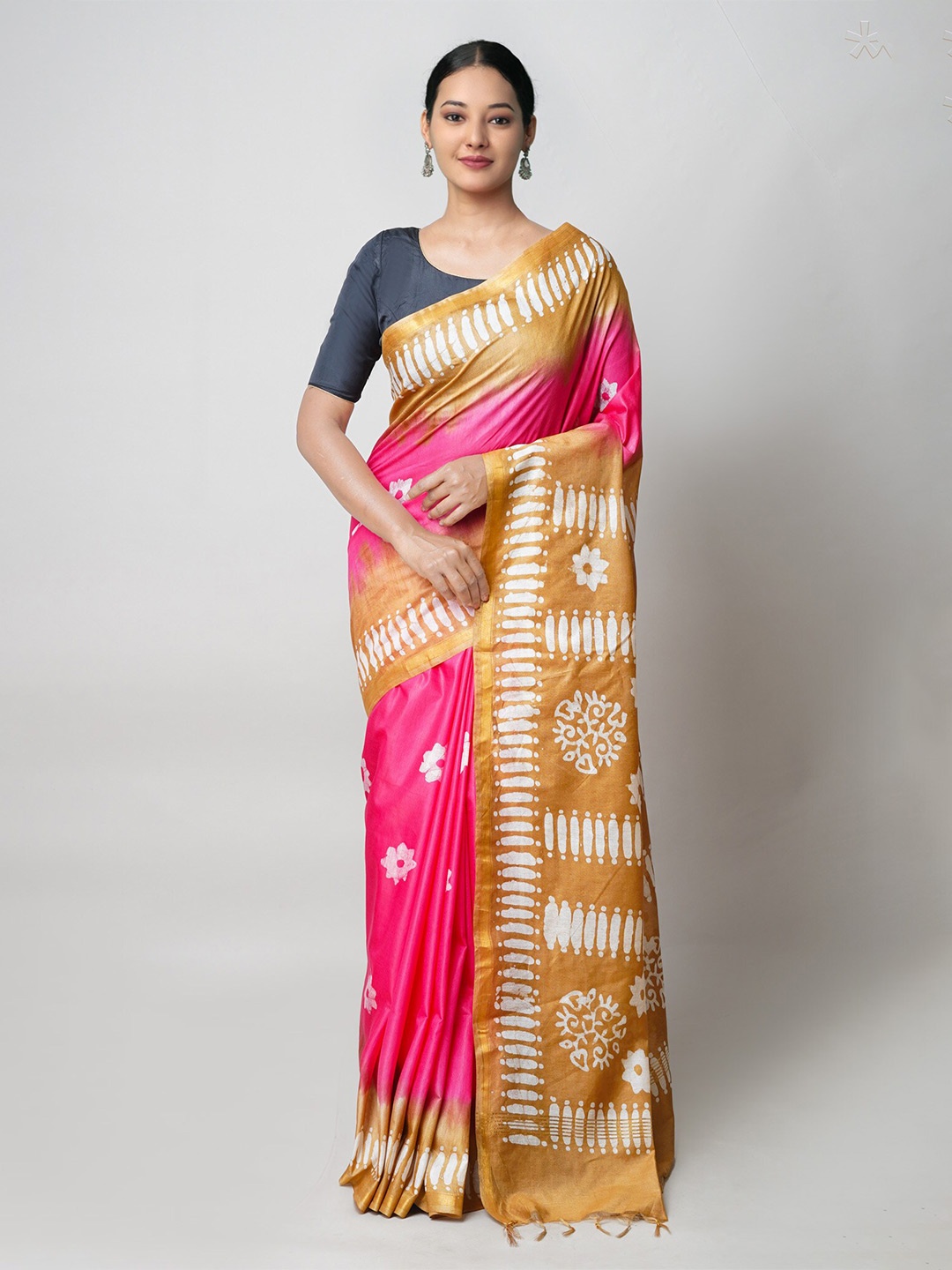 

Unnati Silks Batik Printed Zari Silk Cotton Chanderi Saree, Pink
