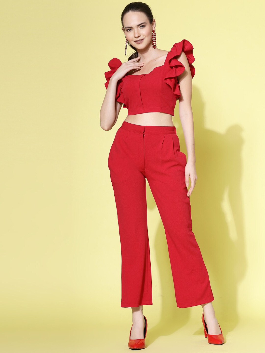 

ATRAENTA Ruffles Crop Top With Straight Trousers, Red