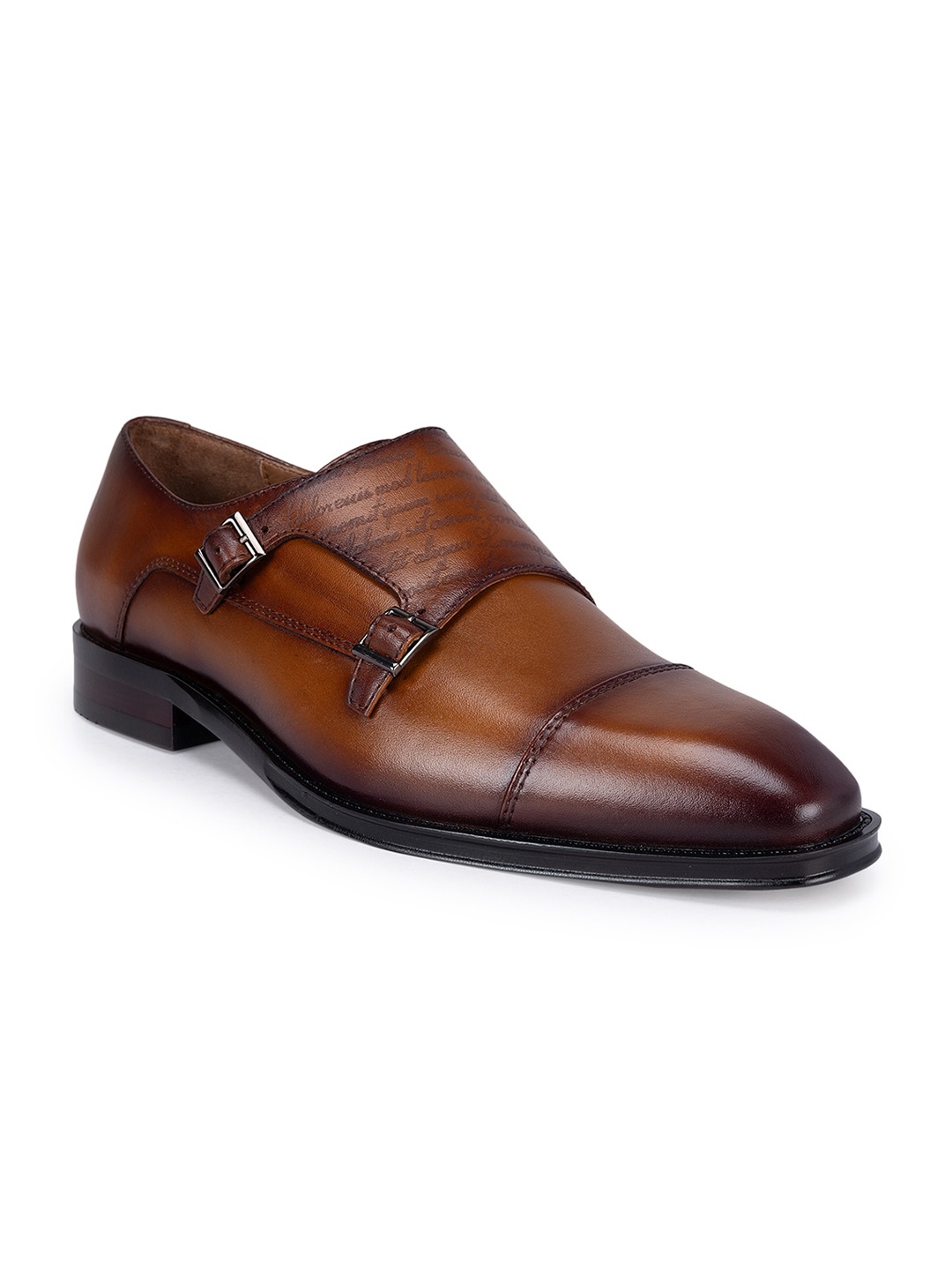 

ROSSO BRUNELLO Men Textured Leather Formal Double Monk Shoes, Tan