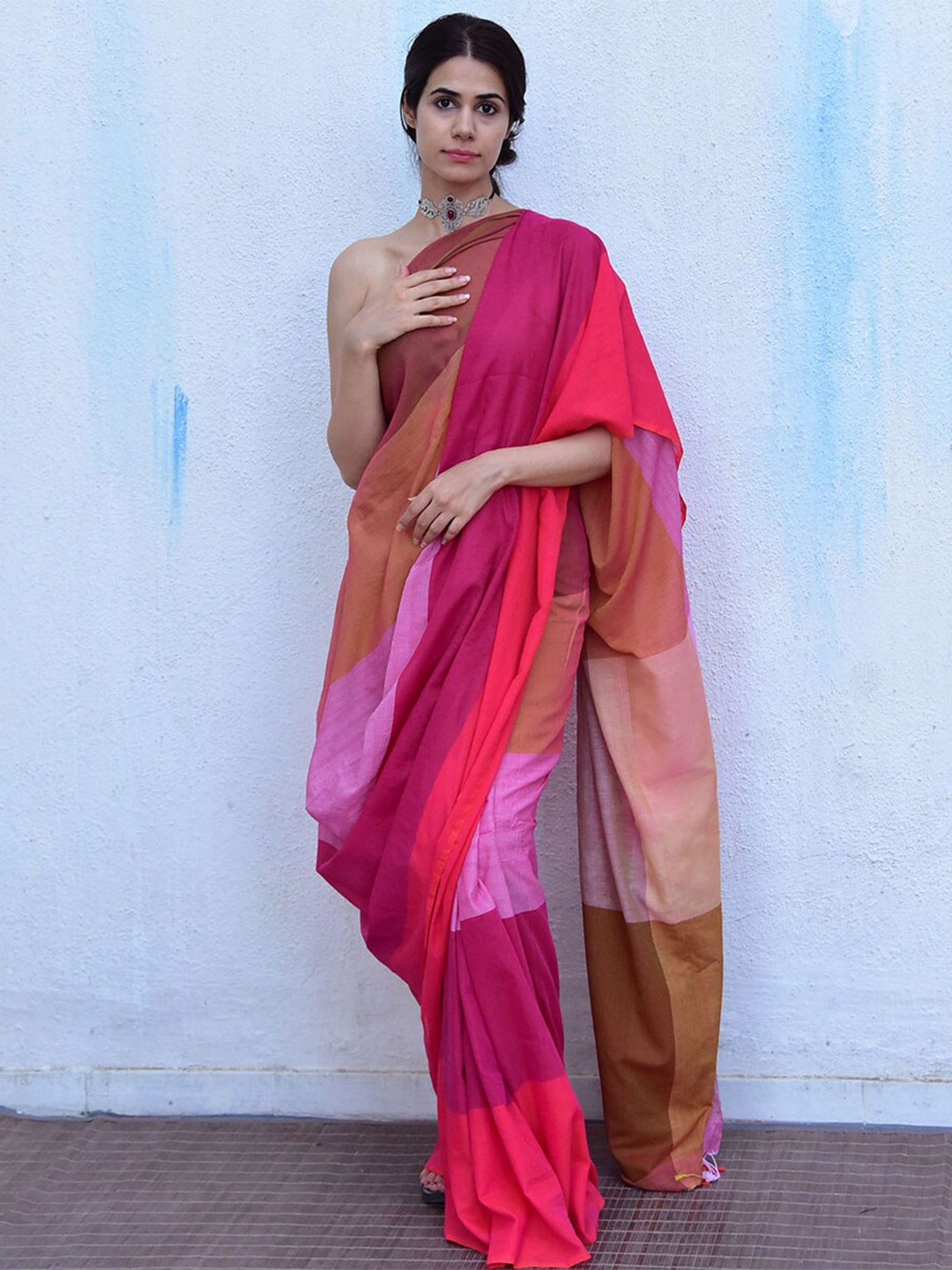 

Chidiyaa Colourblocked Pure Cotton Saree, Pink