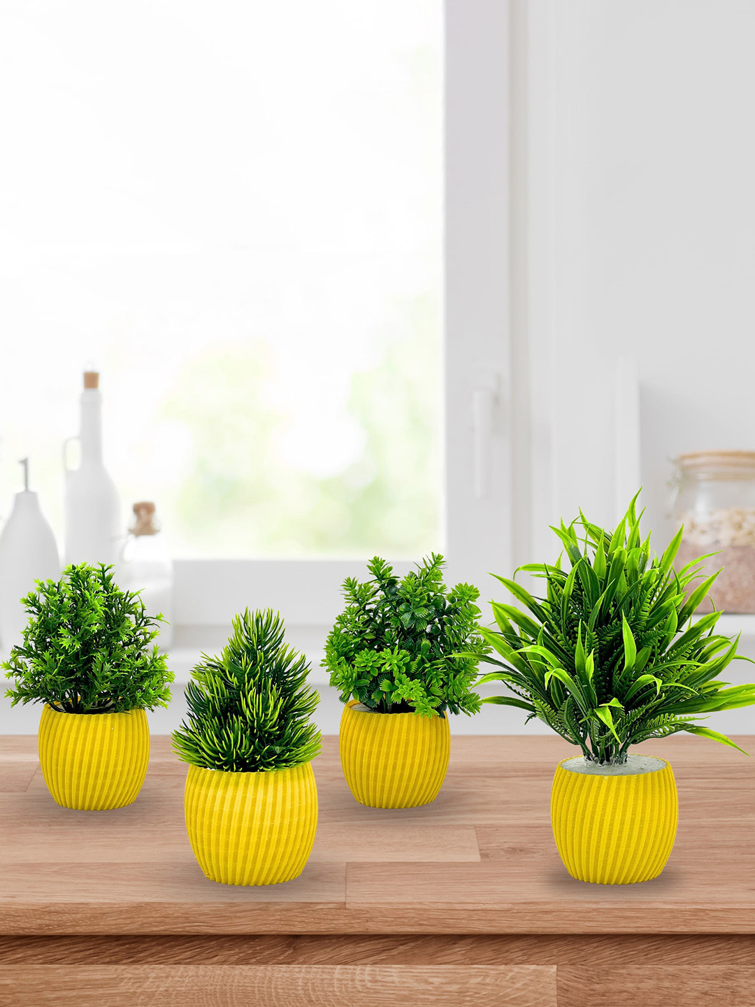 

uzaniya Green & Yellow 4 Pieces Artificial Plants With Pot
