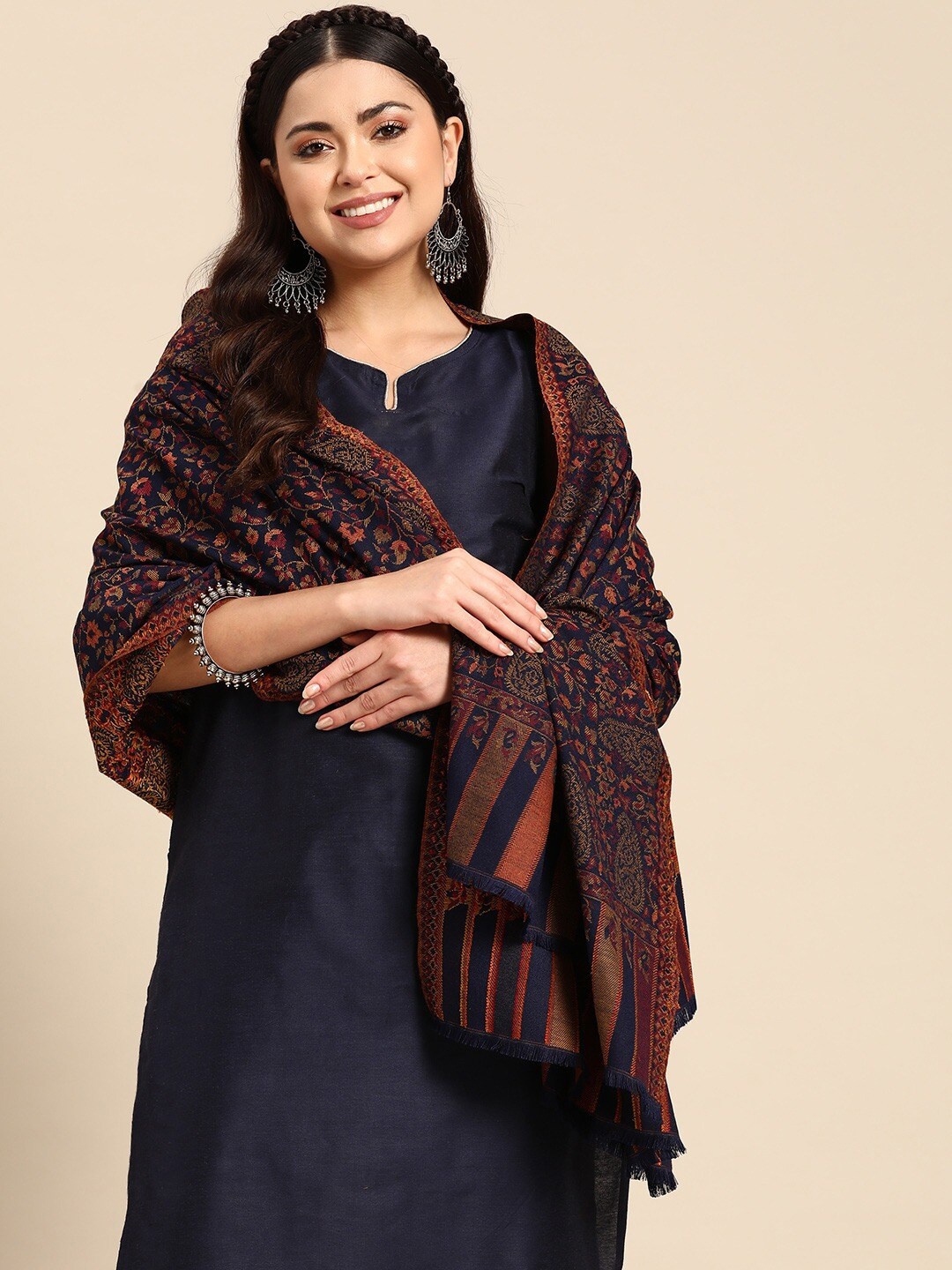

Sangria Floral Woven Design Shawl, Navy blue
