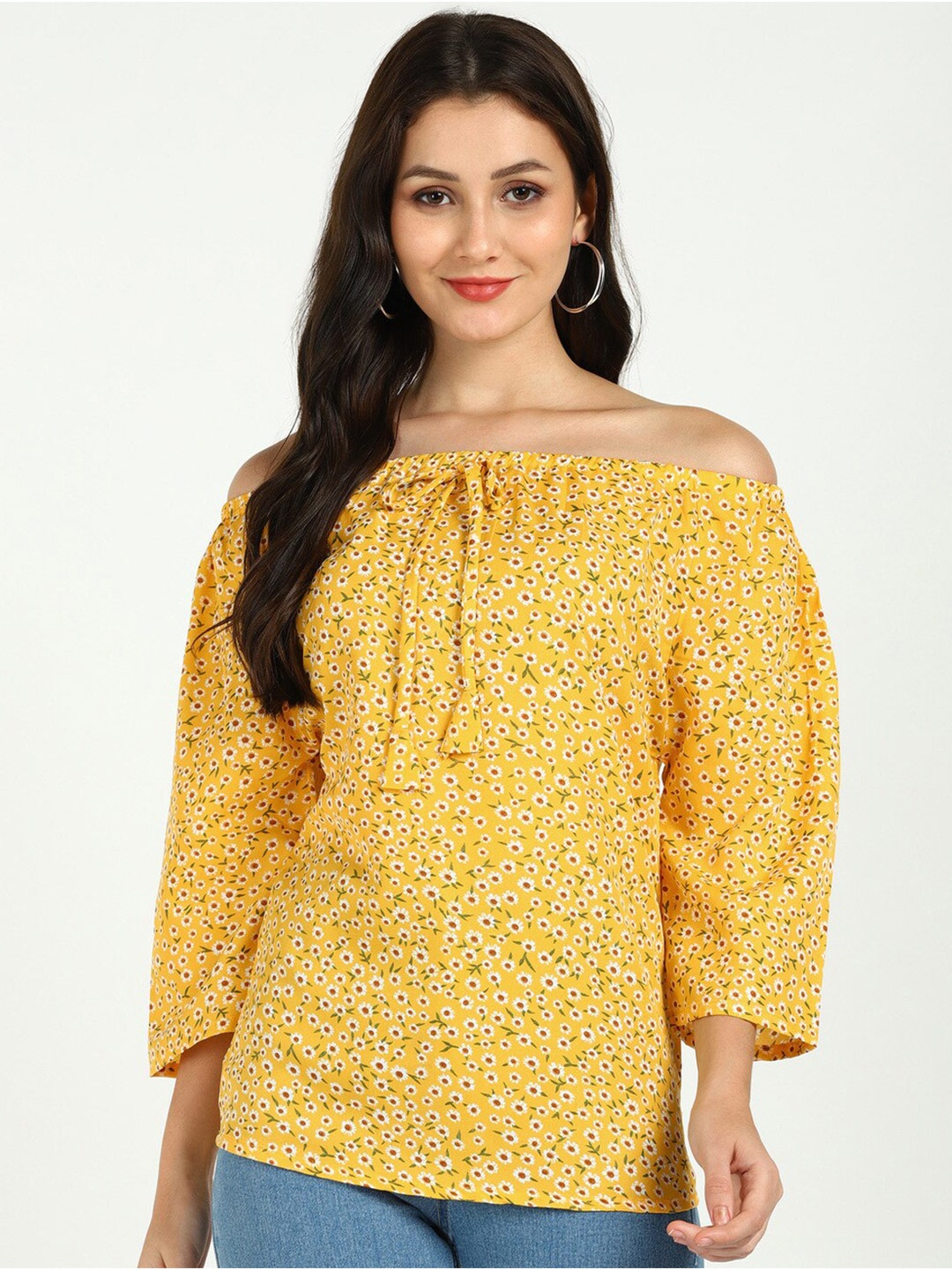 

VAHSON Floral Printed Off-Shoulder Regular Top, Yellow