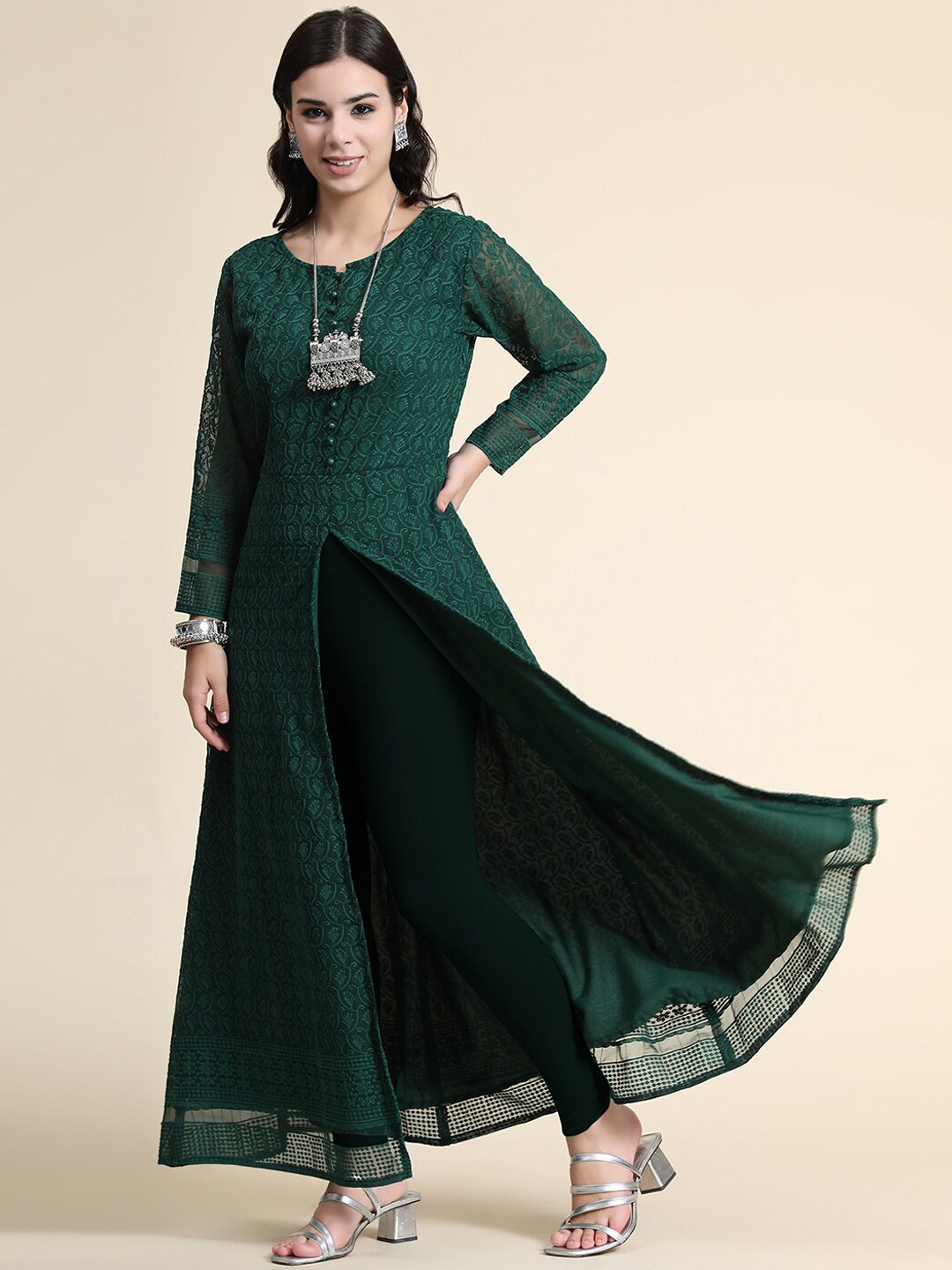

BLACK SCISSOR Ethnic Motifs Embroidered Georgette A Line Kurta, Green