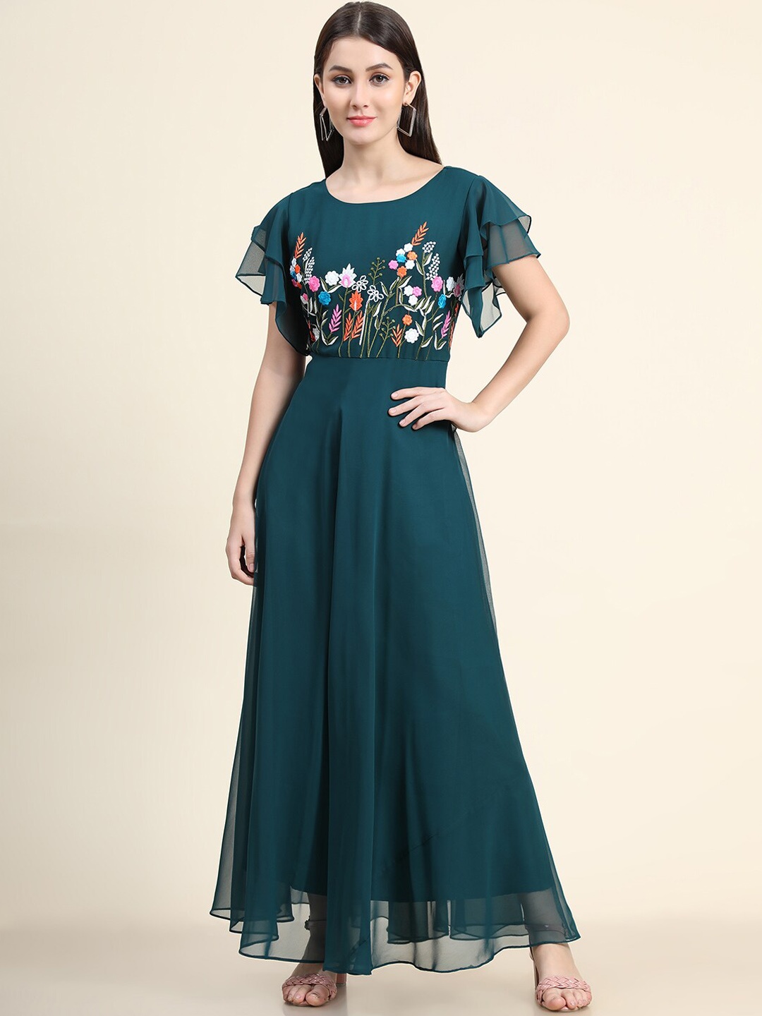 

BLACK SCISSOR Floral Printed Flutter Sleeve Maxi Fit and Flare Ethnic Dress, Teal