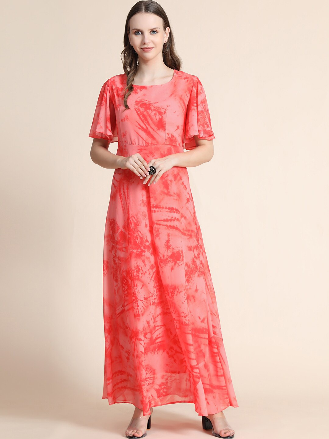 

BLACK SCISSOR Tie And Dyed Flared Sleeves A-Line Georgette Maxi Dress, Peach