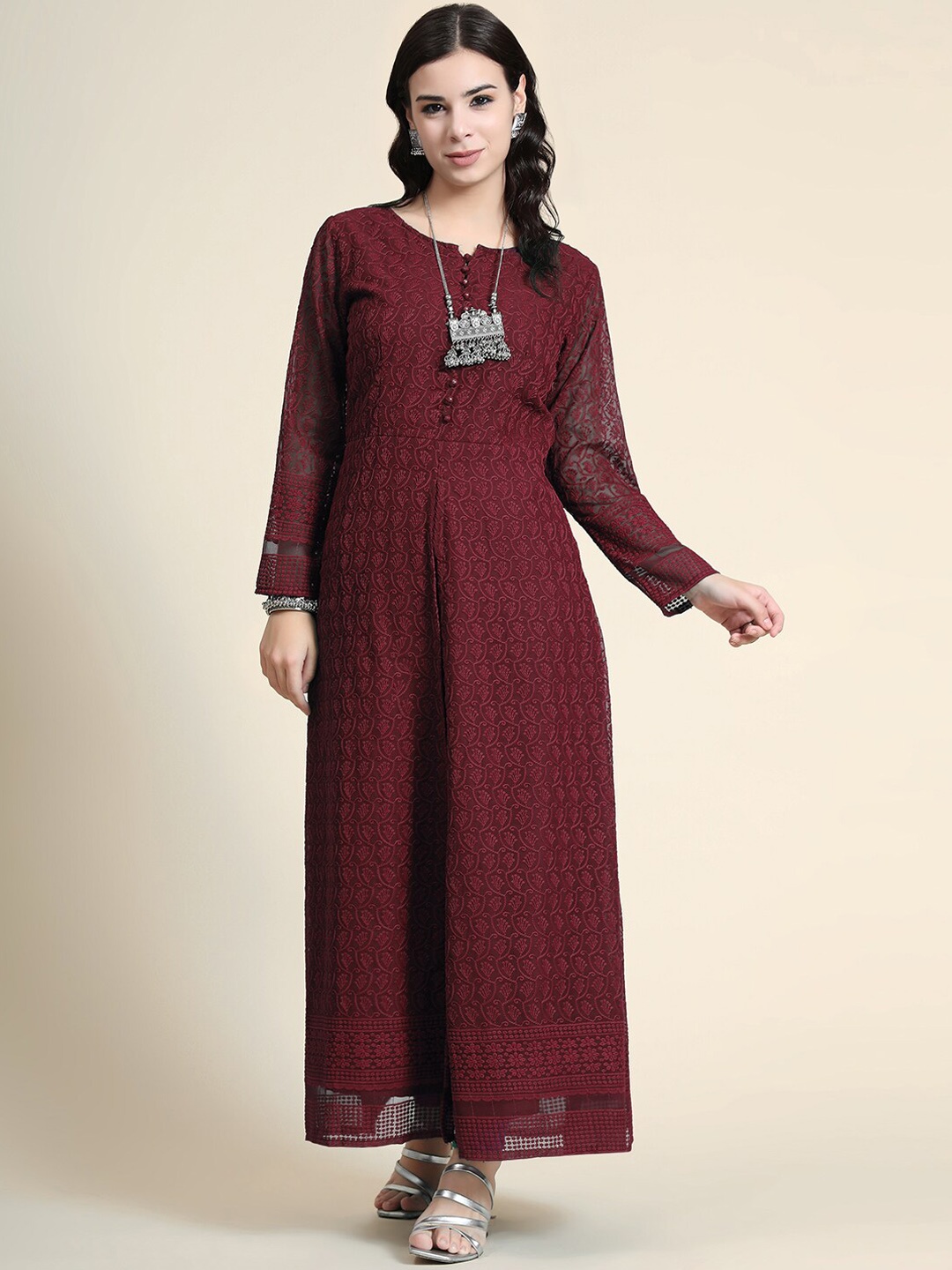 

BLACK SCISSOR Ethnic Motifs Embroidered Georgette A Line Kurta, Maroon