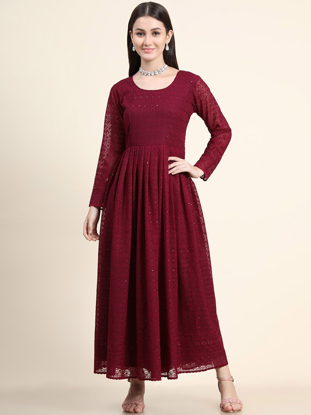 

BLACK SCISSOR Ethnic Motif Embroidered Maxi Fit and Flare Ethnic Dress, Maroon