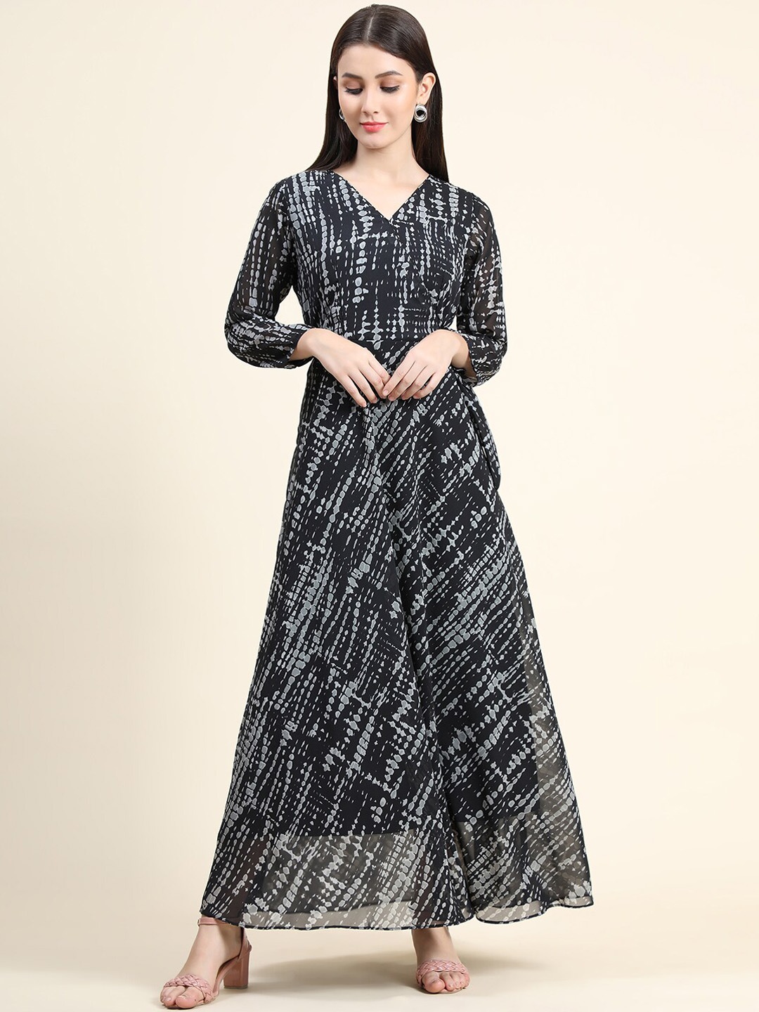 

BLACK SCISSOR Tie & Dye Printed Georgette A Line Maxi Ethnic Dress