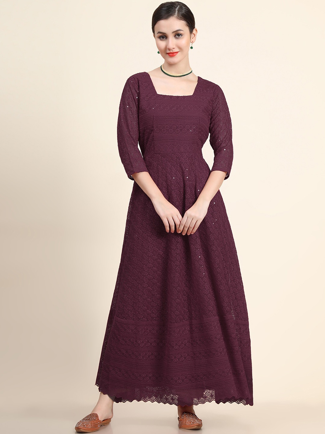 

BLACK SCISSOR Embroidered Maxi Length Ethnic Dresses, Burgundy