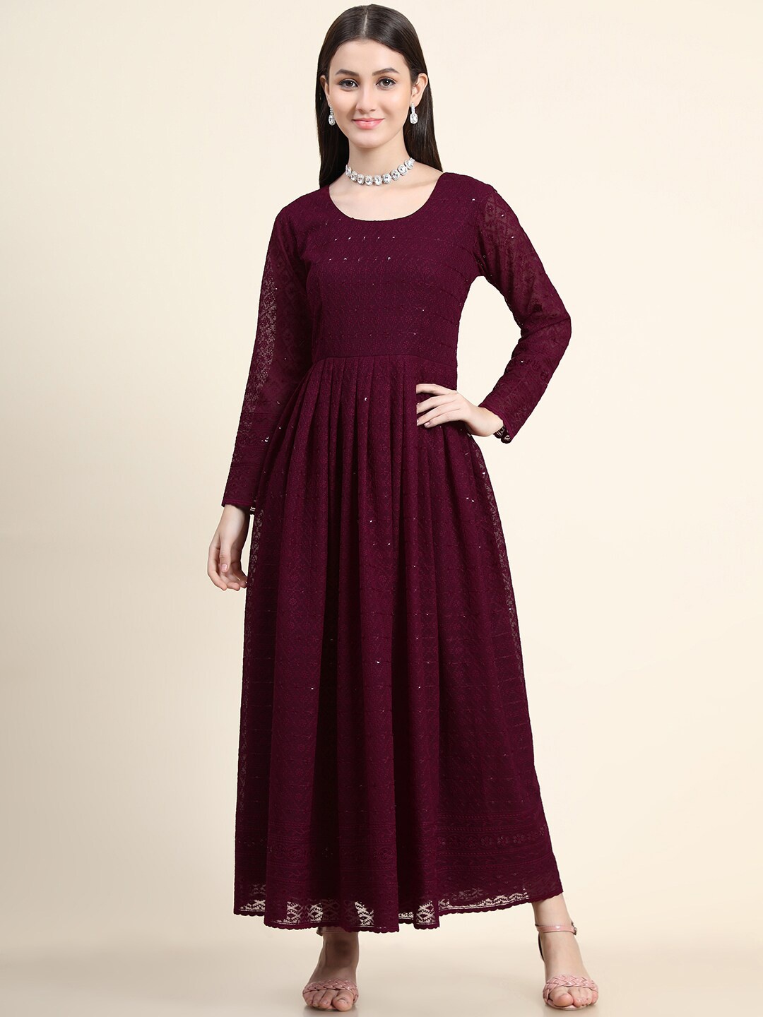 

BLACK SCISSOR Embroidered Georgette Maxi Dress, Burgundy
